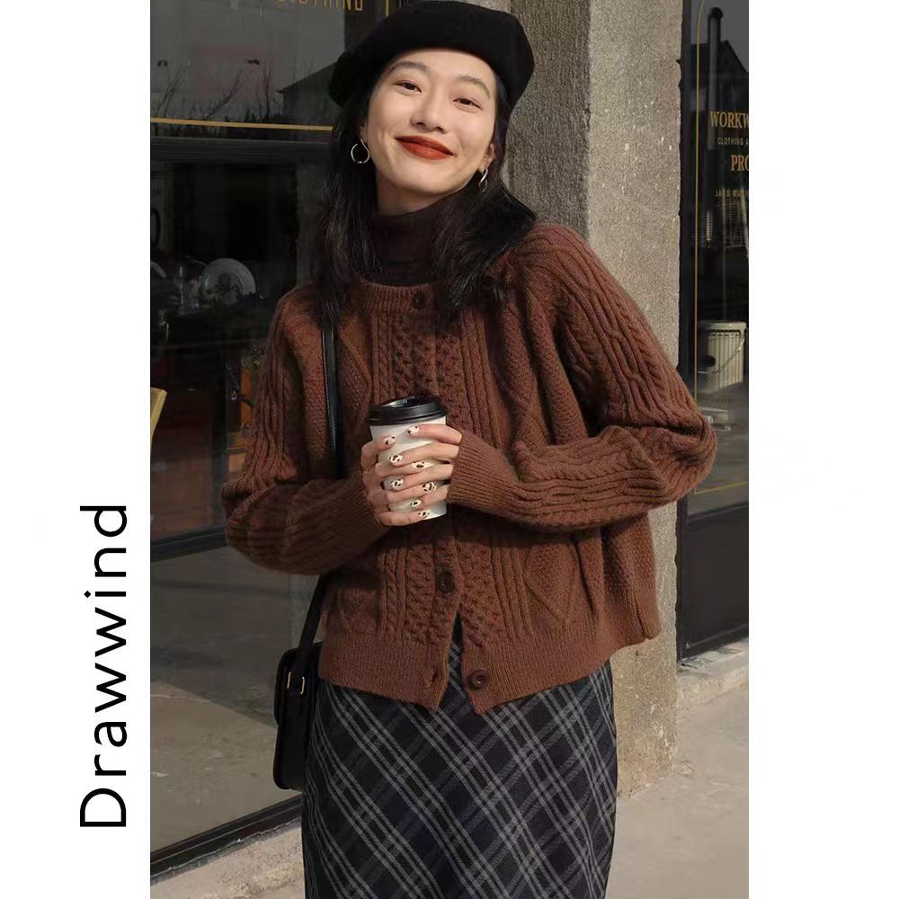 畫風drawwind復古紅色毛衣開衫女早秋新款洋氣圓領短款針織衫上衣