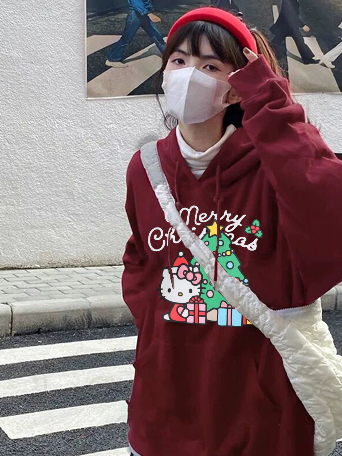 聖誕小貓印花酒紅色加絨加厚衛衣女秋冬新款復古寬鬆長袖上衣ins