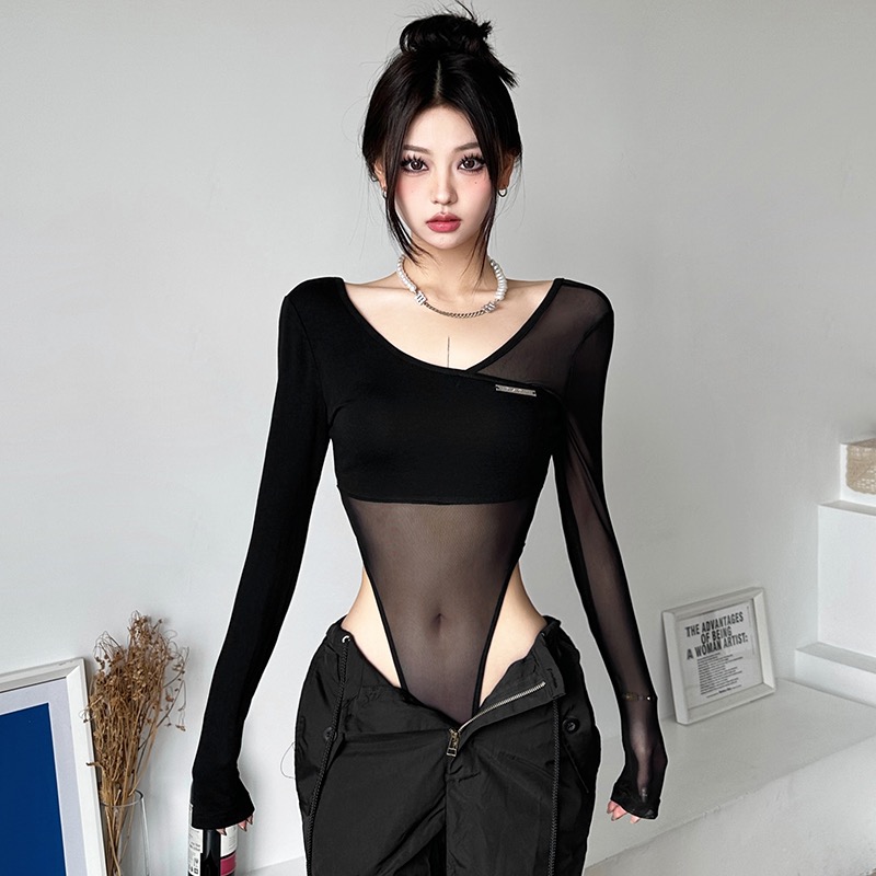 260g rayon spliced ​​mesh sexy sister style black mesh spliced ​​long-sleeved T-shirt women's bottoming jumpsuit