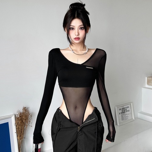 260g rayon spliced ​​mesh sexy sister style black mesh spliced ​​long-sleeved T-shirt women's bottoming jumpsuit