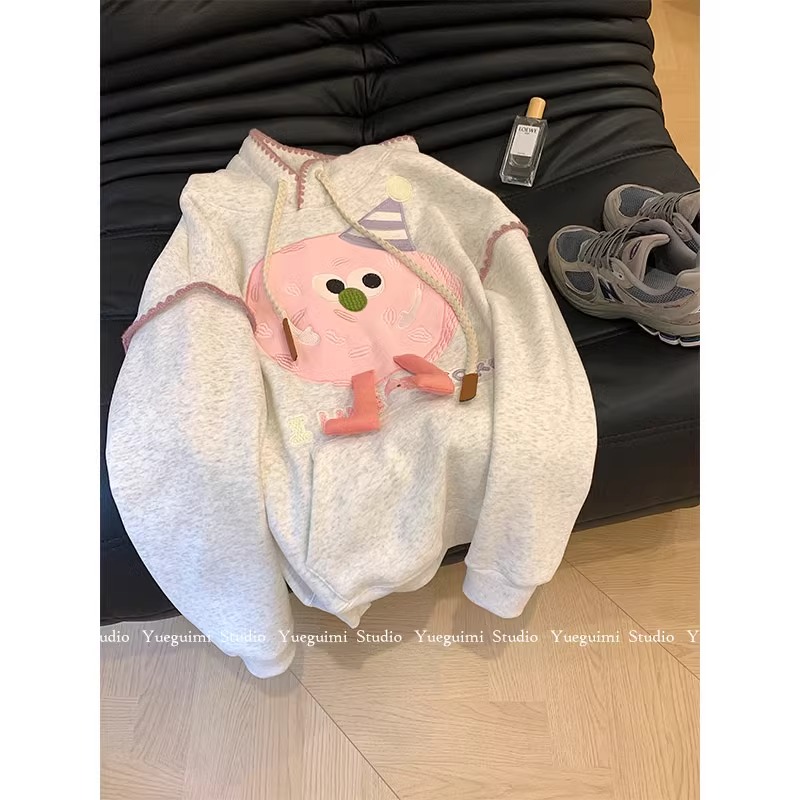 設計感玩偶連帽衛衣女秋冬加絨加厚小眾復古寬鬆休閒oversize上衣