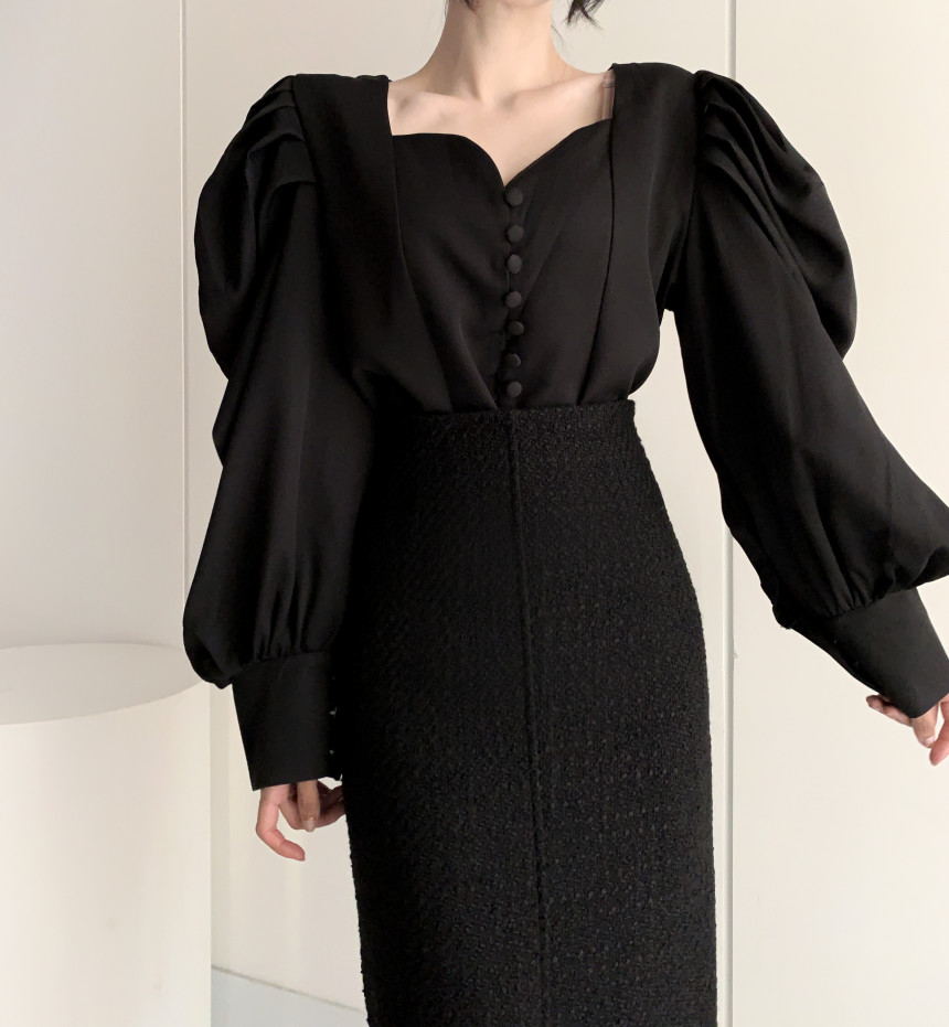 Size has been updated Korean chic new niche design puff sleeve single breasted versatile top shirt