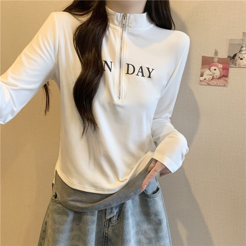 Real shot of American retro half-zip stand-up collar fake two-piece sleeve length T-shirt 2024 spring new bottoming top