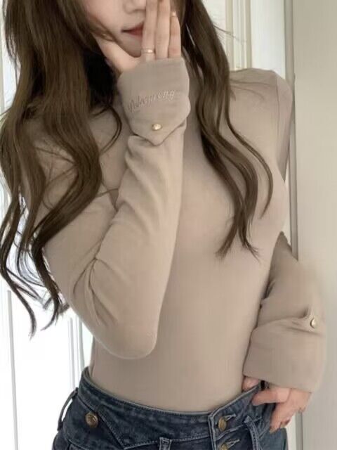German velvet embroidered turtleneck inner bottoming shirt for women in autumn and winter new style high-end slim-fitting thickened long-sleeved top