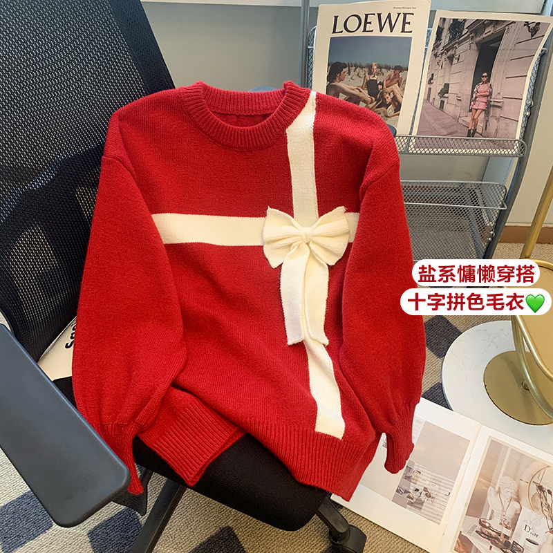 本命年紅色蝴蝶結毛衣女秋冬寬鬆港味復古chic軟糯針織衫