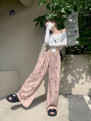 Actual shot of three standard new Chinese style ink loose, lazy wide-leg pants, high-waisted flesh-covering trousers, straight-leg pants