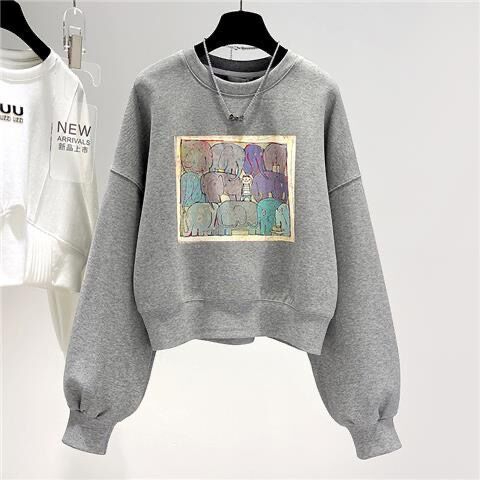 加絨加厚韓版秋季大象水彩卡通印花寬鬆套頭圓領落肩長袖衛衣