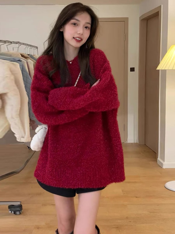 車厘子復古紅色毛衣女2024春秋新款慵懶風寬鬆顯瘦套頭外穿針織衫