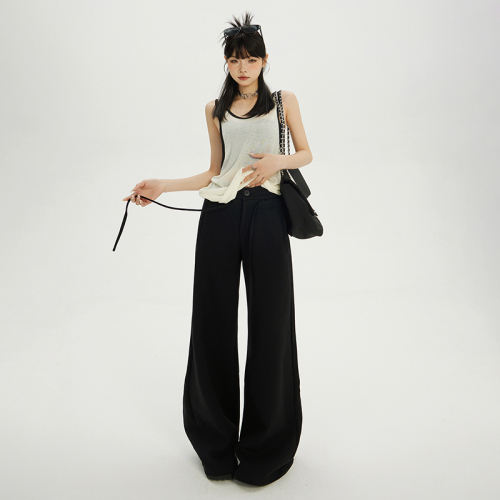 Real shot of American retro loose wide-leg pants, versatile high-waisted fashionable drapey floor-length casual pants, women's trendy trousers, extended