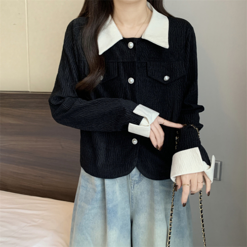 Actual shot of new Korean style autumn and winter retro corduroy all-match short jacket tops for women