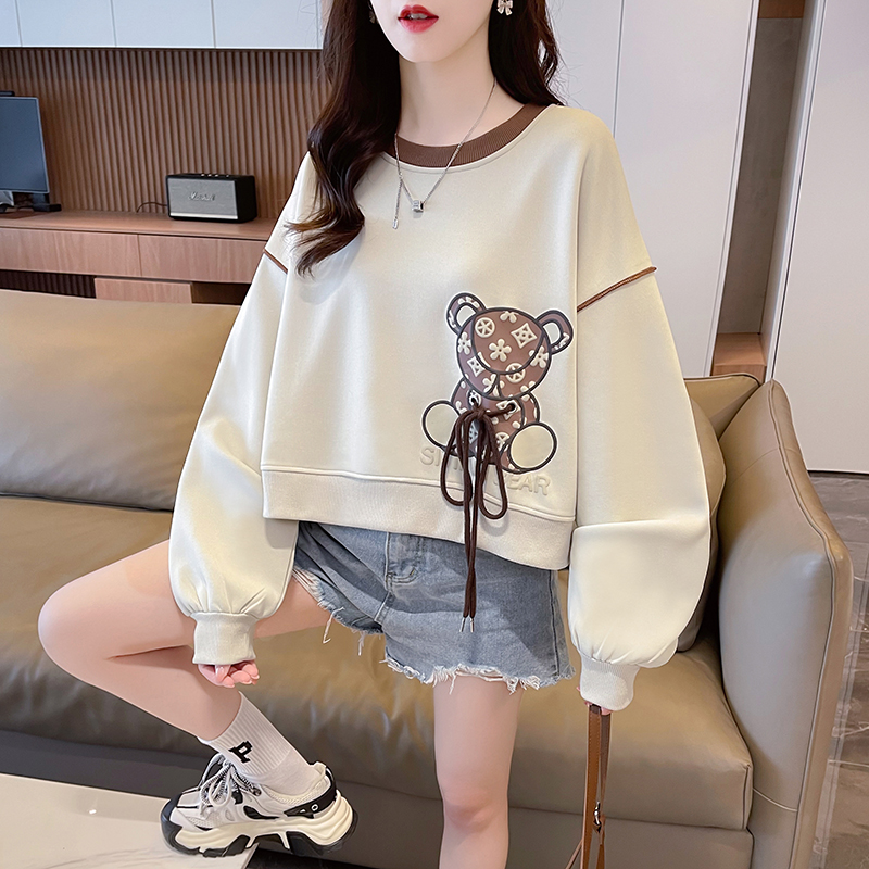 First real shot of 320g imitation cotton Chinese cotton back collar autumn clothing new small round neck short sweatshirt for women