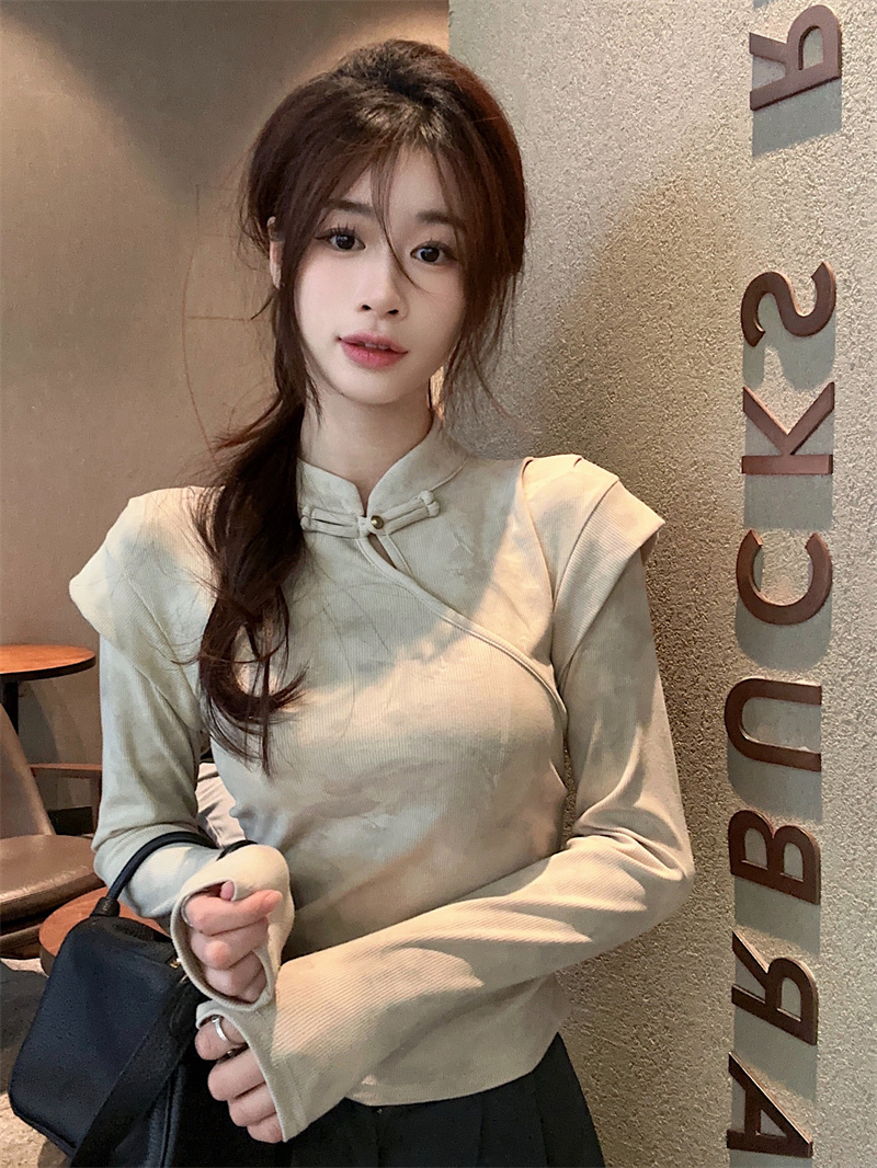 Actual shot~Spring style~New Chinese style Chinese style button-down long-sleeved T-shirt, elegant bottoming shirt and chic top