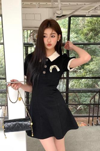Real shot of 2024 summer new style polo collar black dress, slim and fragrant short skirt for small people
