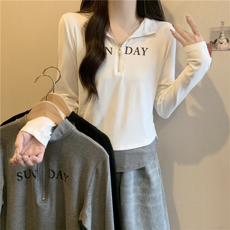Real shot of American retro half-zip stand-up collar fake two-piece sleeve length T-shirt 2024 spring new bottoming top