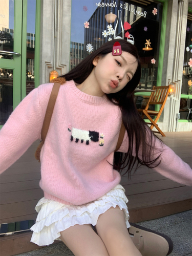 Actual shot of Korean chic simple and cute lamb candy color warm sweater