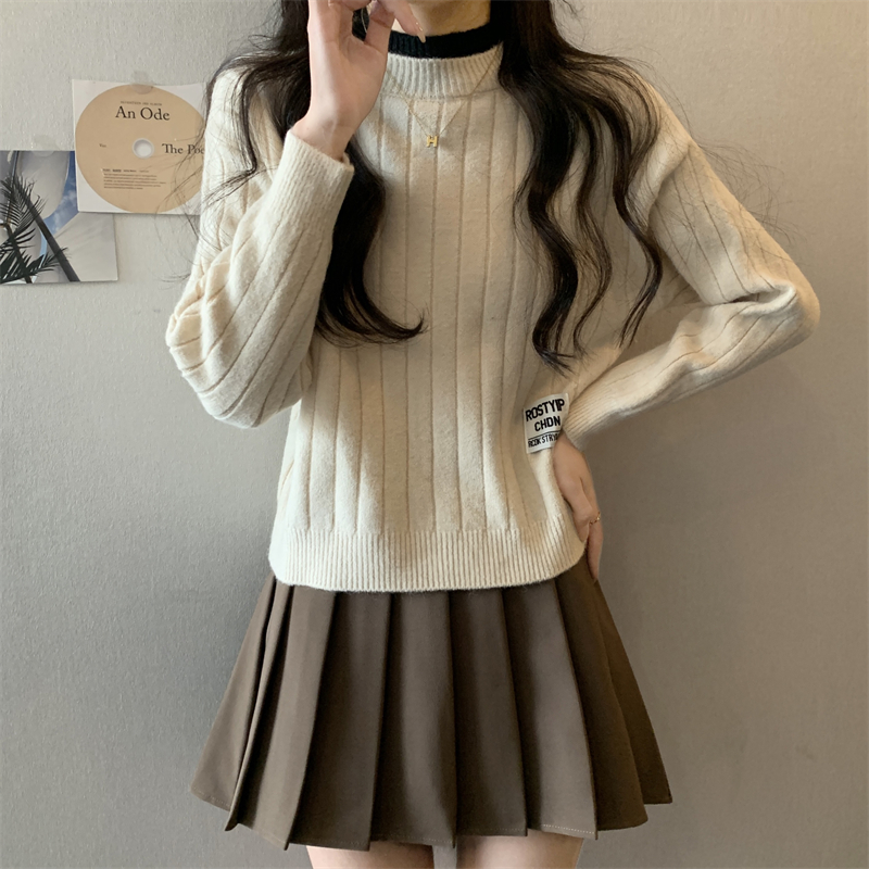 Actual shot Korean style new design contrasting color stacked collar thickened pine warm loose lazy sweater for women