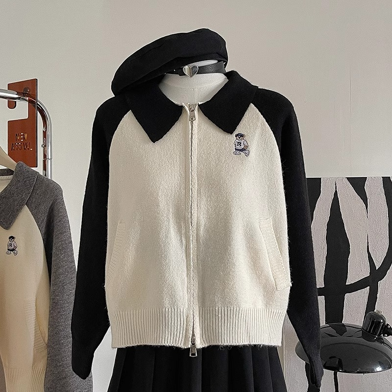 Sheep wool 2024 winter style soft and waxy contrasting color Korean style women's zipper cardigan pocket sweater