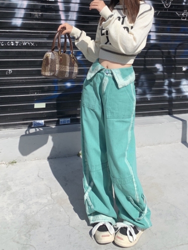 Real shot!  !  !  Dopamine wears simple lapel design hot girl straight wide leg pants