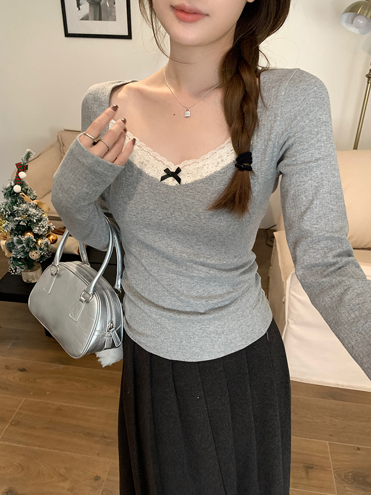 Black 77bm girl spliced ​​lace gray jacquard texture sweater for women autumn and winter V-neck inner wear long-sleeved T-shirt