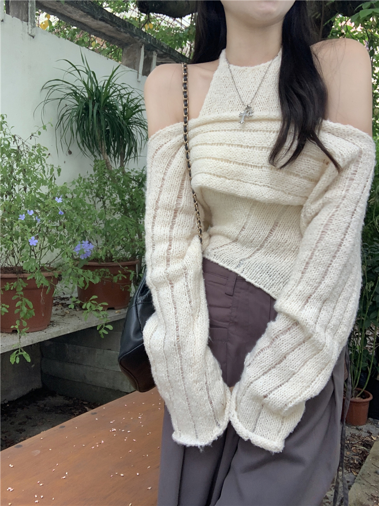 2024 Spring and Autumn New Irregular Slim Fit Halter Sling + Hollow Layer Sweater Sweater Set