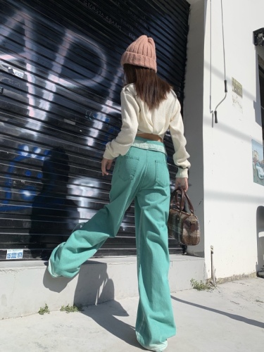 Real shot!  !  !  Dopamine wears simple lapel design hot girl straight wide leg pants