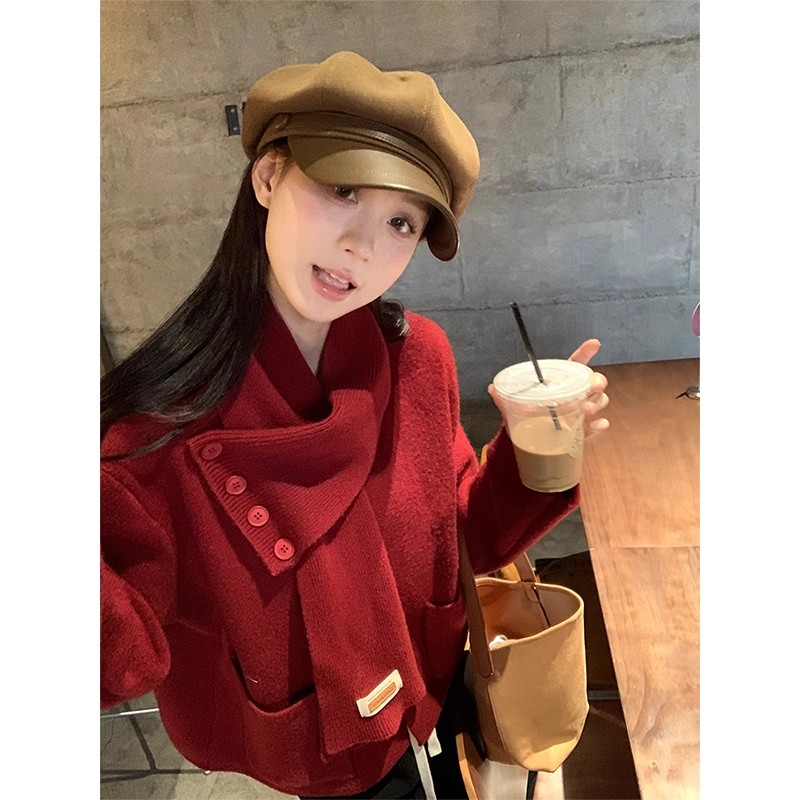 設計感圍巾可拆卸聖誕毛衣開衫短外套女冬季小眾寬鬆別致紅色上衣
