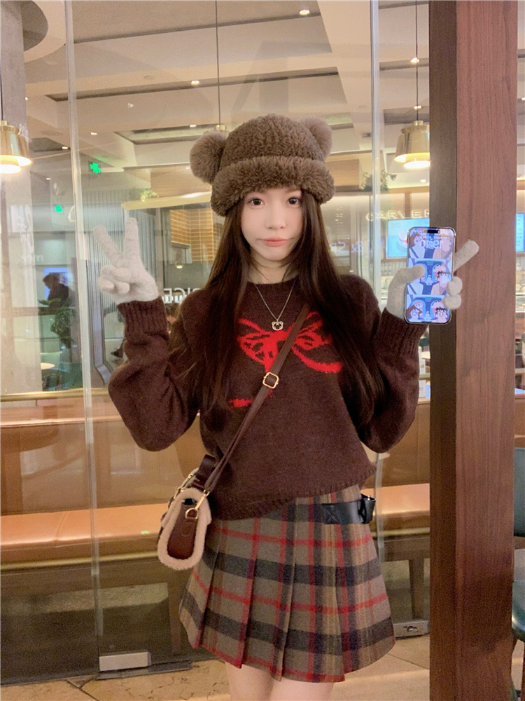 實拍~蝴蝶結可愛棕色毛針織衫撞色套頭毛衣女+紅色格紋毛呢裙