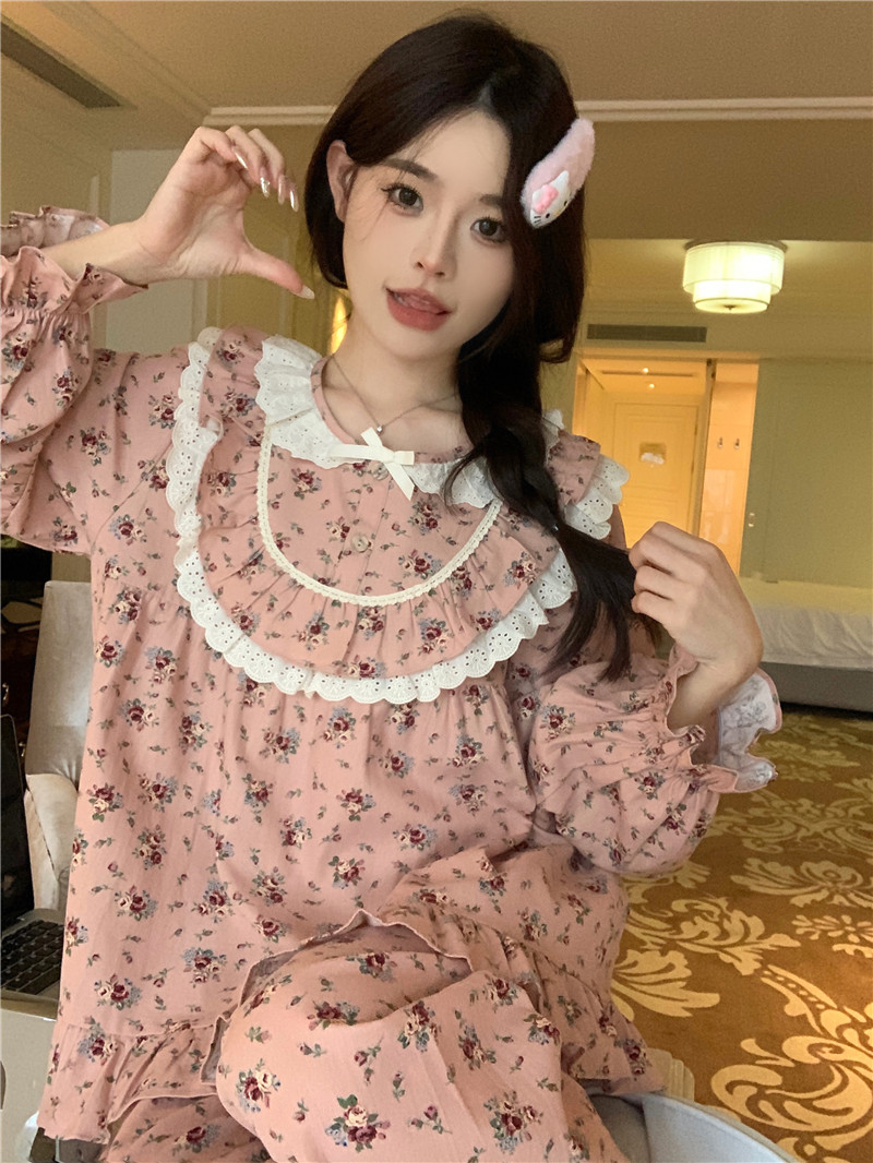 實拍韓版復古少女甜美蕾絲棉質碎花春秋長袖長褲家居服套裝