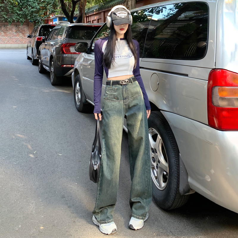 實拍~2024新款設計感懷舊牛仔闊腿褲女高腰寬鬆顯瘦直筒拖地ins超
