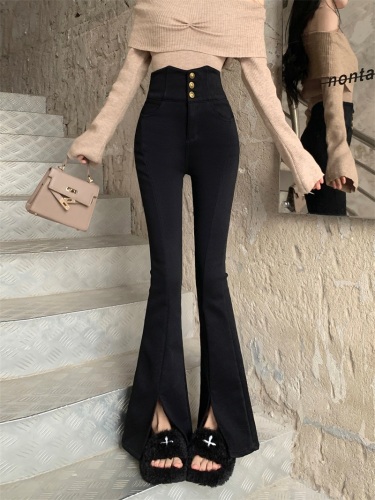 Actual shot~~2024 new retro high-waisted elastic tight-fitting slim and versatile micro-flared trousers