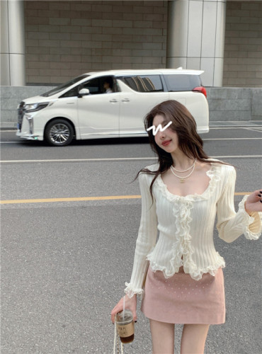 Actual shot of spring new style~French style pure lust style slim long-sleeved lace fungus-edged knitted cardigan