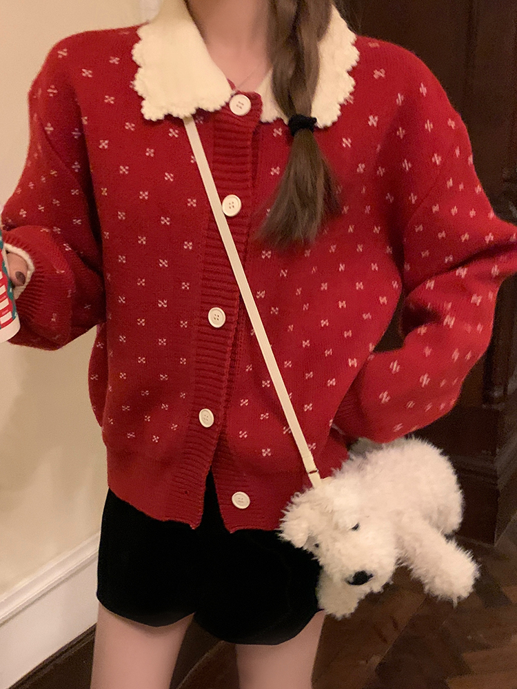 Contrast color doll collar jacquard sweater cardigan women's autumn and winter design top lazy style loose long-sleeved knitted jacket