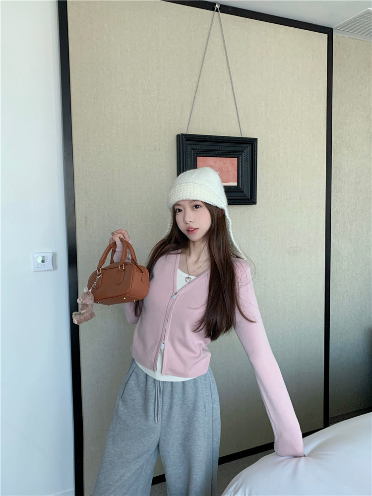 實拍~假兩件拉鏈針織衫打底內搭上衣女