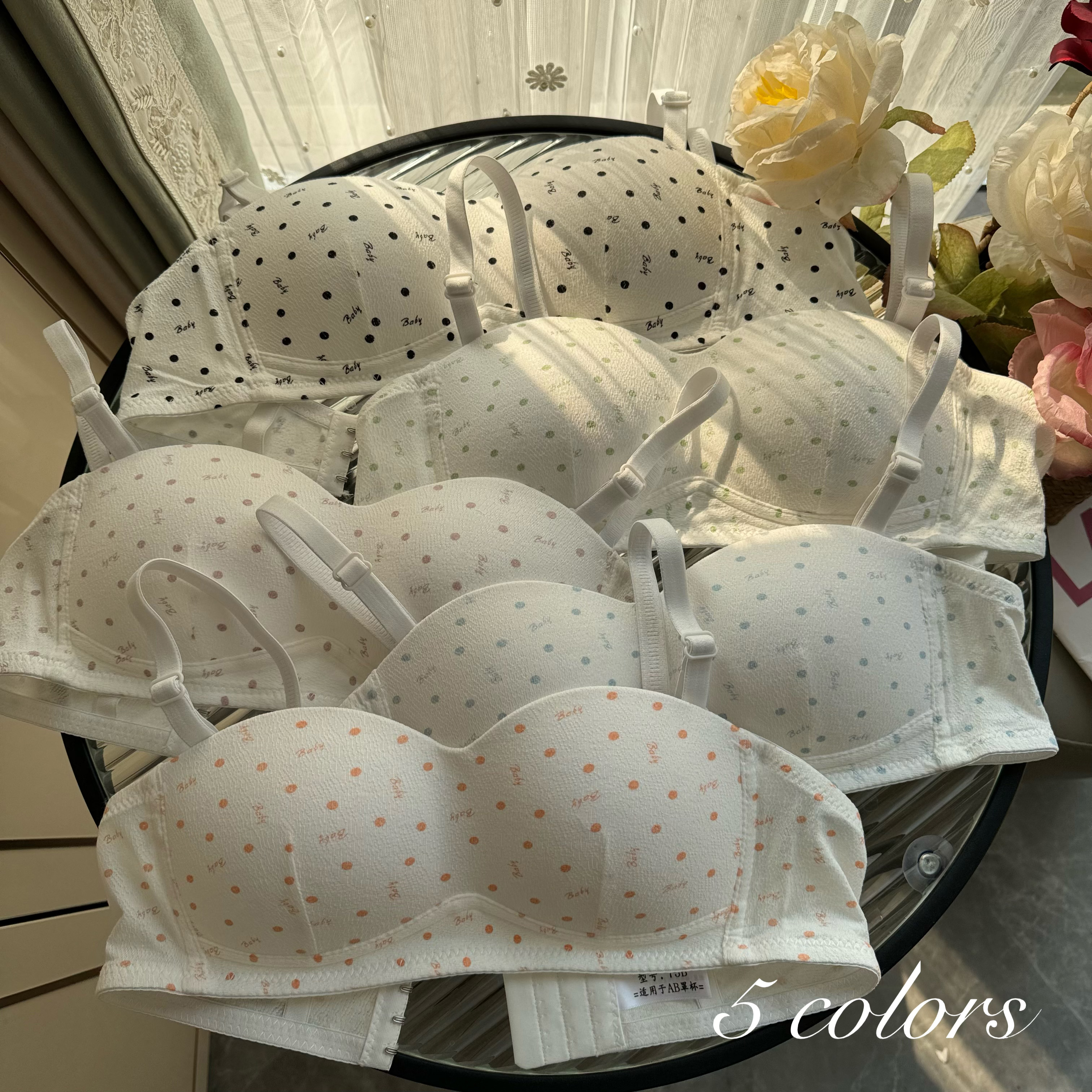 實拍無肩帶性感白色波點聚攏無鋼圈文胸少女胸罩收副乳內衣