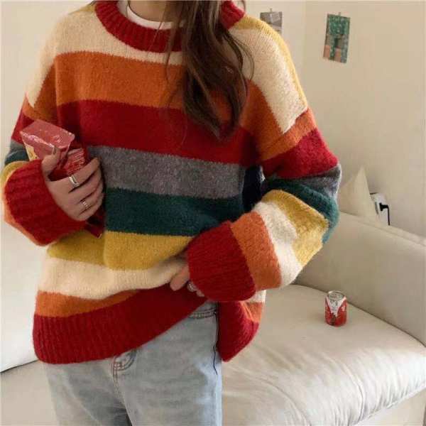 Rainbow striped retro knitted sweater autumn and winter vest coat pullover loose lazy style round neck top
