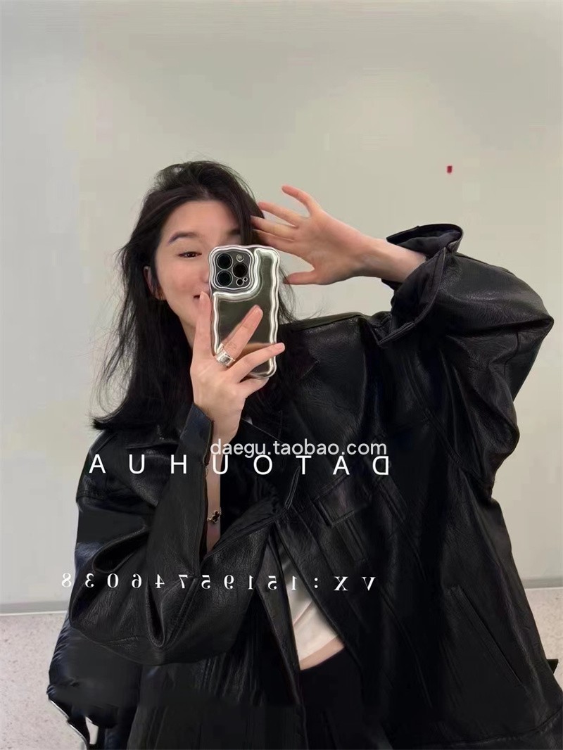 Black retro silhouette thick leather jacket women's high-end motorcycle jacket padded jacket top