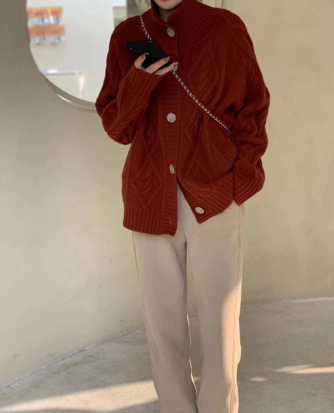 Wool knitted rhombus cardigan for women in autumn loose retro lazy style thick winter sweater jacket