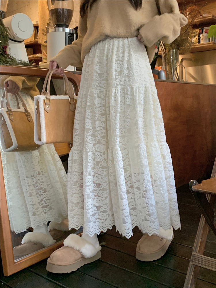 Actual shot of Korean style gentle style lace and velvet skirt A-line skirt with fairy cover, slimming and versatile skirt