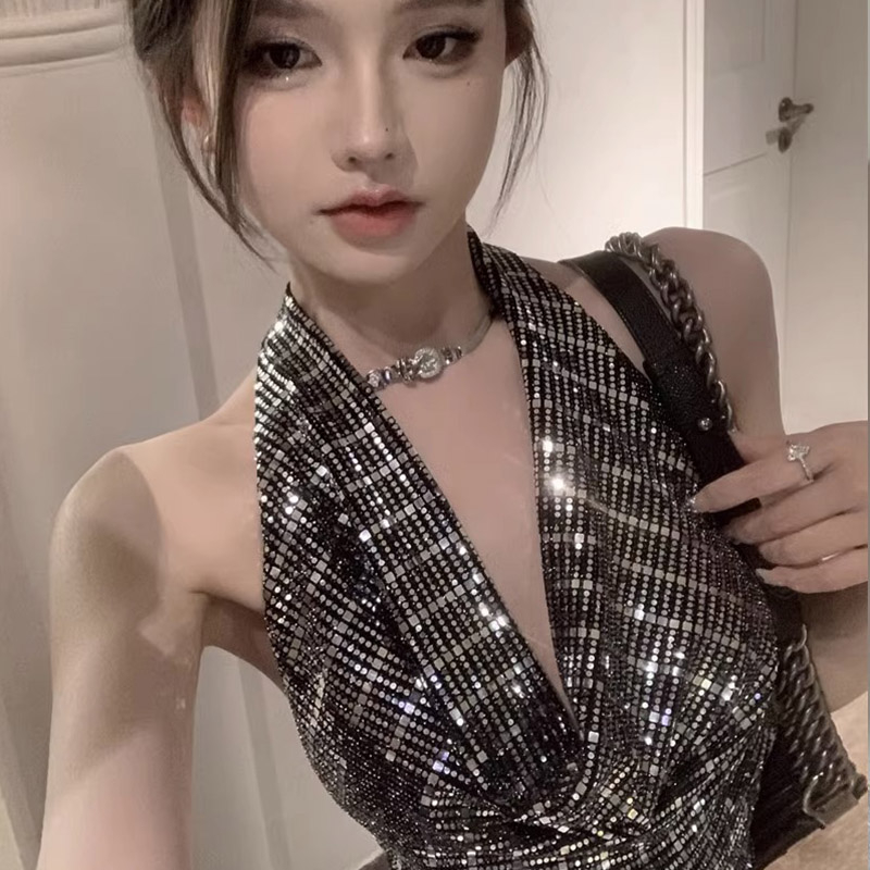 官圖 純欲風辣妹亮片掛脖吊帶背心女短款露背高級感上衣外穿