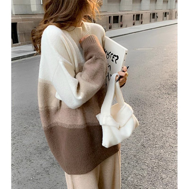 High-end Japanese retro gradient color sweater for women in autumn and winter, loose, lazy, soft and waxy pullover outer sweater