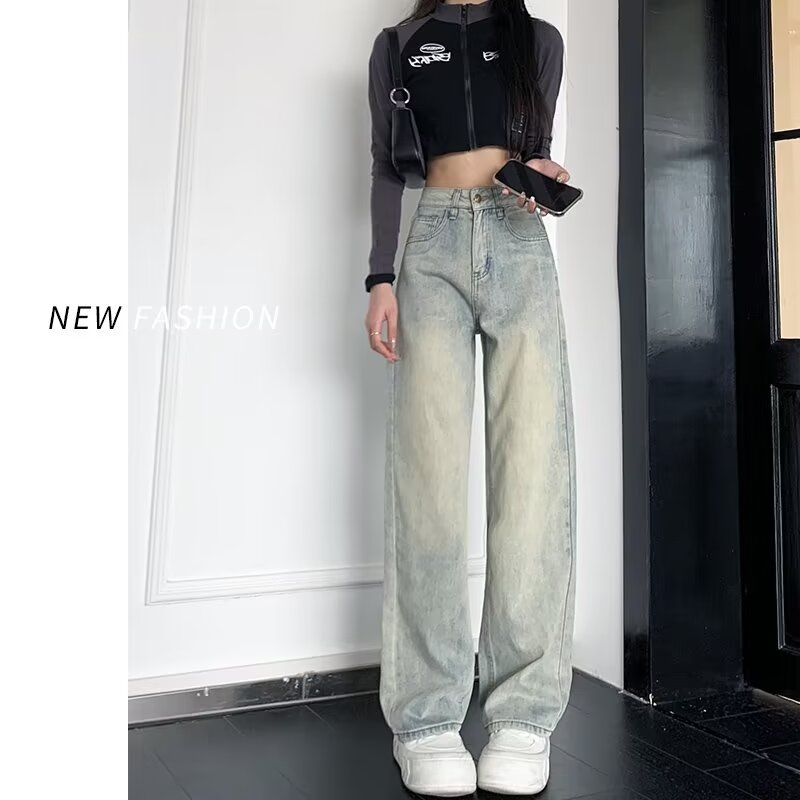 美式復古高街窄版闊腿牛仔褲女淺色寬鬆直筒高腰顯瘦垂感拖地長褲