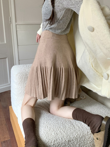 Real shot of 5-color loose and versatile pleated knitted skirt