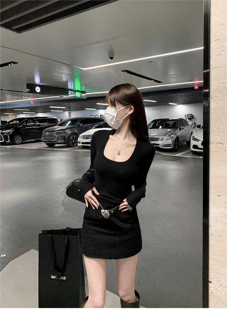 High elastic core-spun yarn U-neck slim pure sexy hot girl slim outer wear versatile pullover knitted top for women in autumn and winter