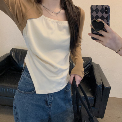 Irregular slit bottoming shirt for women in spring and autumn plus size niche versatile design long-sleeved T-shirt hot girl square neck top
