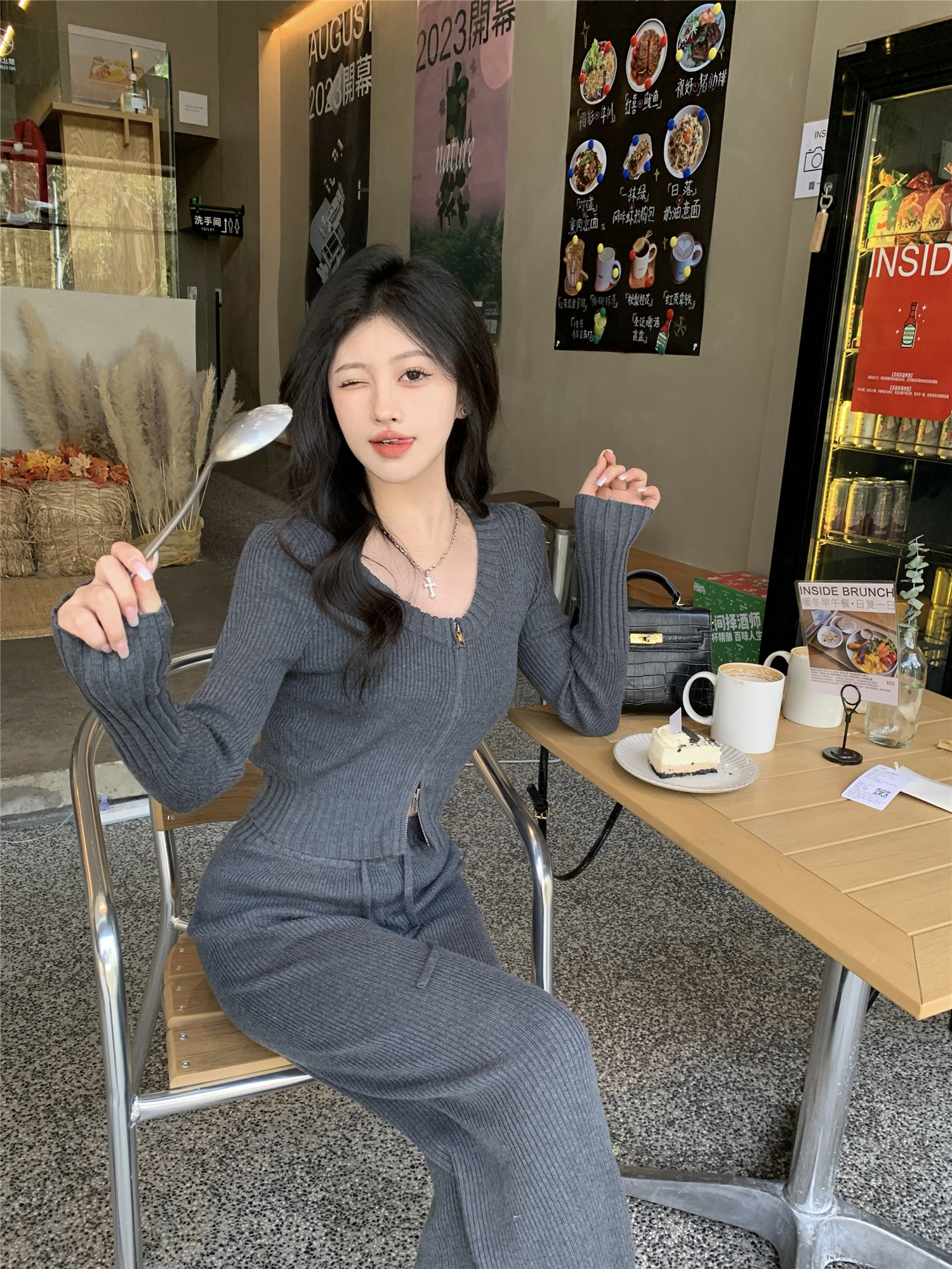 Actual shot~ Winter new solid color V-neck knitted cardigan with slim design and slightly flared casual pants two-piece suit