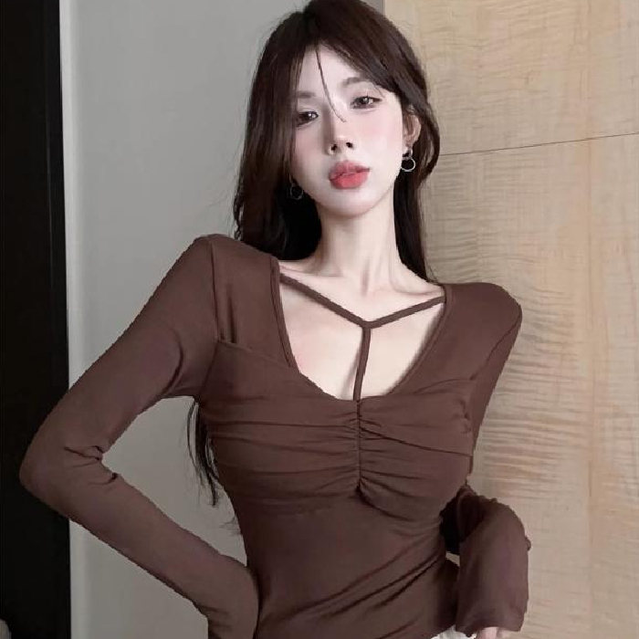 設計感小眾2024春季新款顯掛脖上衣女美拉德長袖t恤打底衫內搭潮