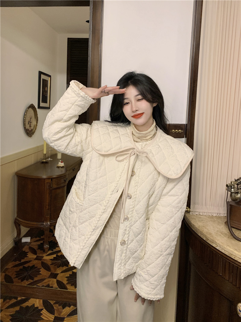 實拍~冬季設計感小眾菱形格紋夾棉加厚棉服外套~