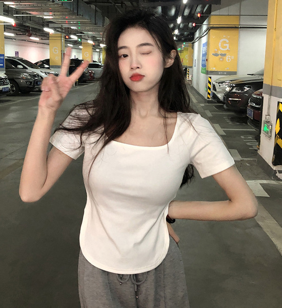 夏季新款純色風大u領辣妹上衣顯瘦修身不規則短袖t恤女