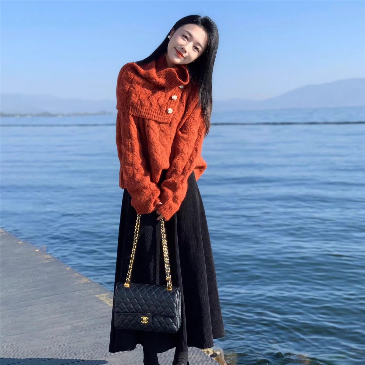 披肩式圍脖高領漂亮毛衣半身裙套裝今年流行紅色秋冬兩件套女