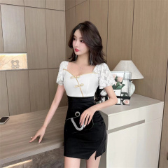 Real shot of sexy improved cheongsam lace slit slim fit hip-hugging short-sleeved dress